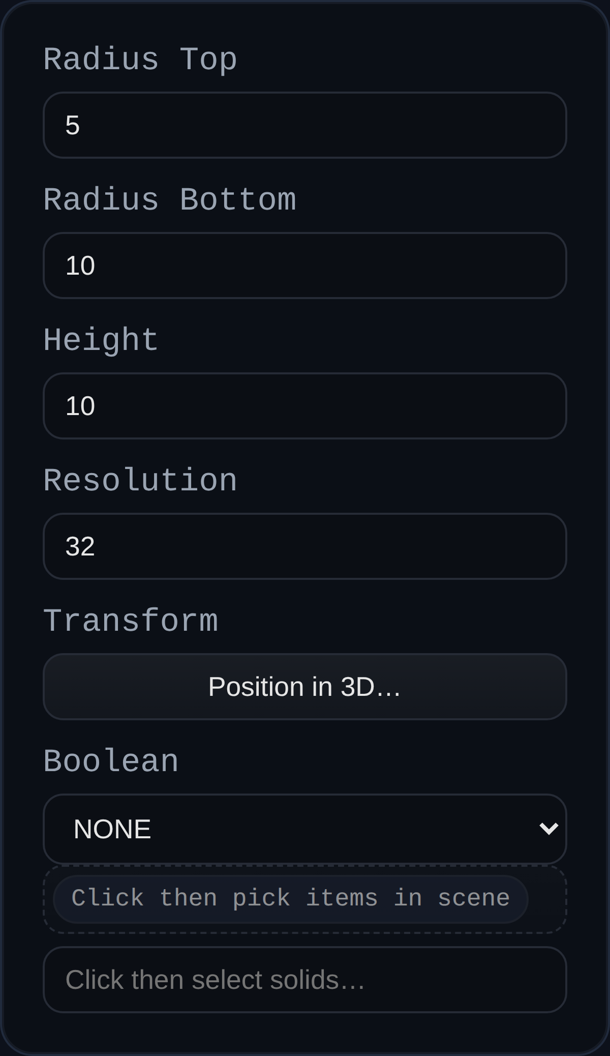 Primitive Cone feature dialog