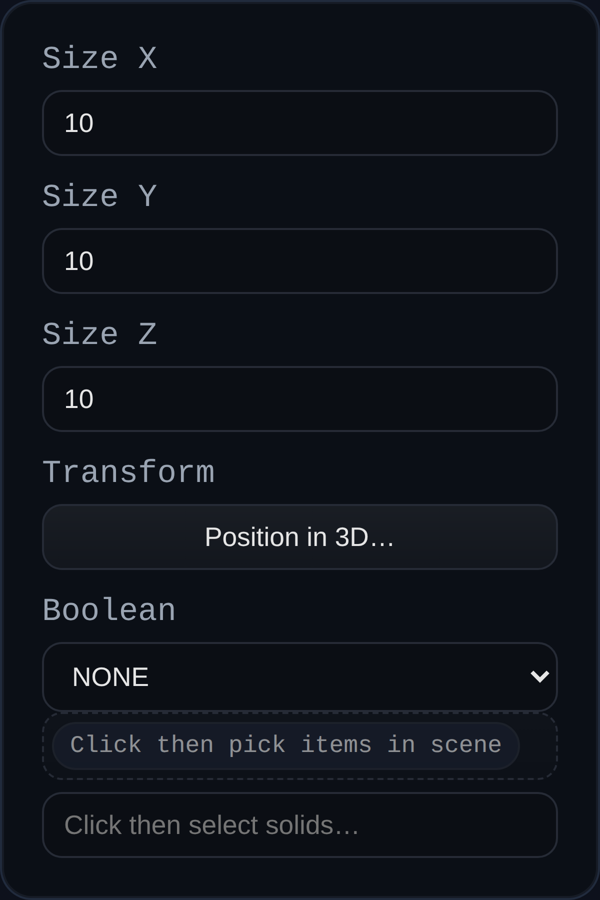 Primitive Cube feature dialog