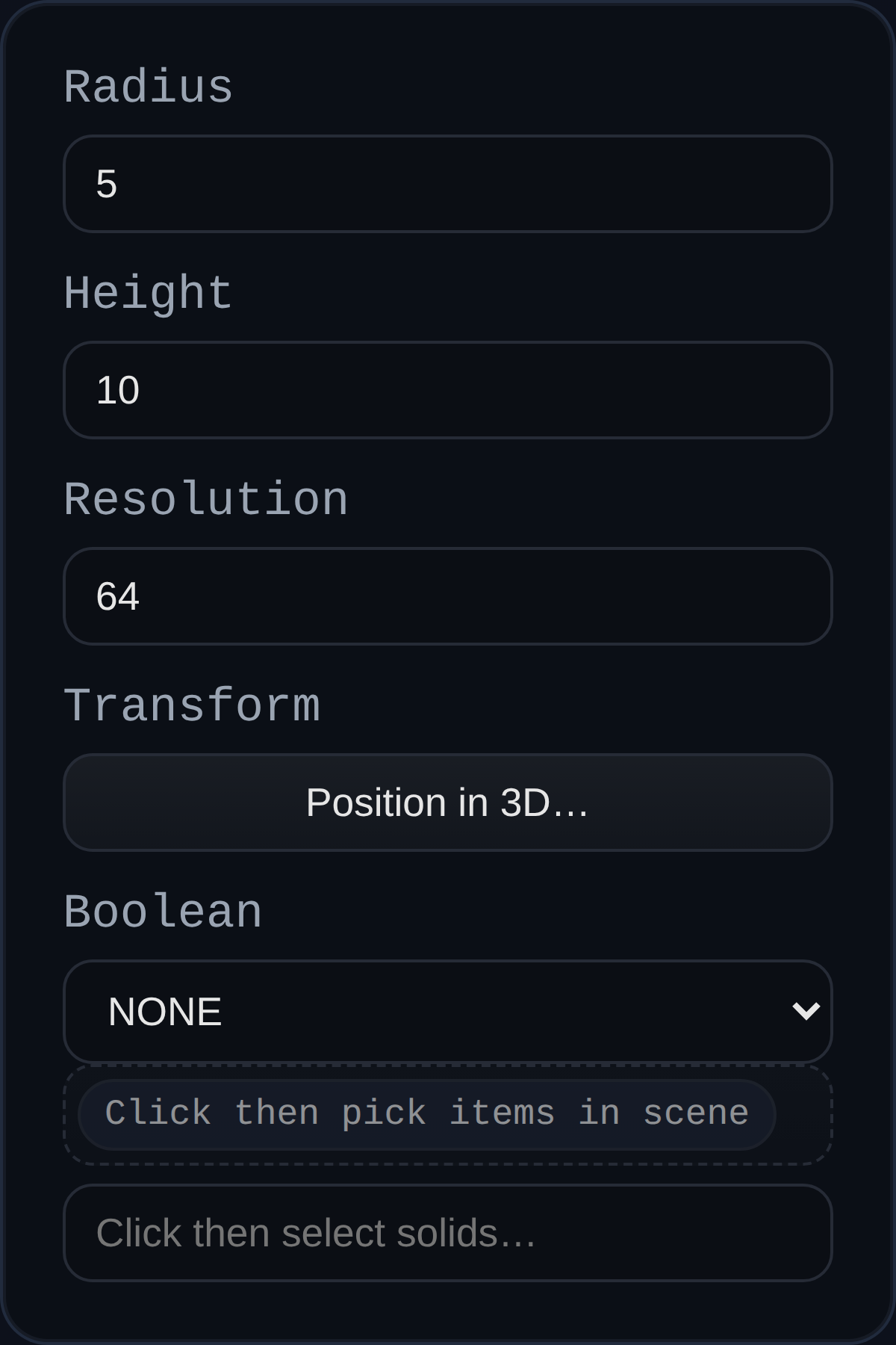 Primitive Cylinder feature dialog