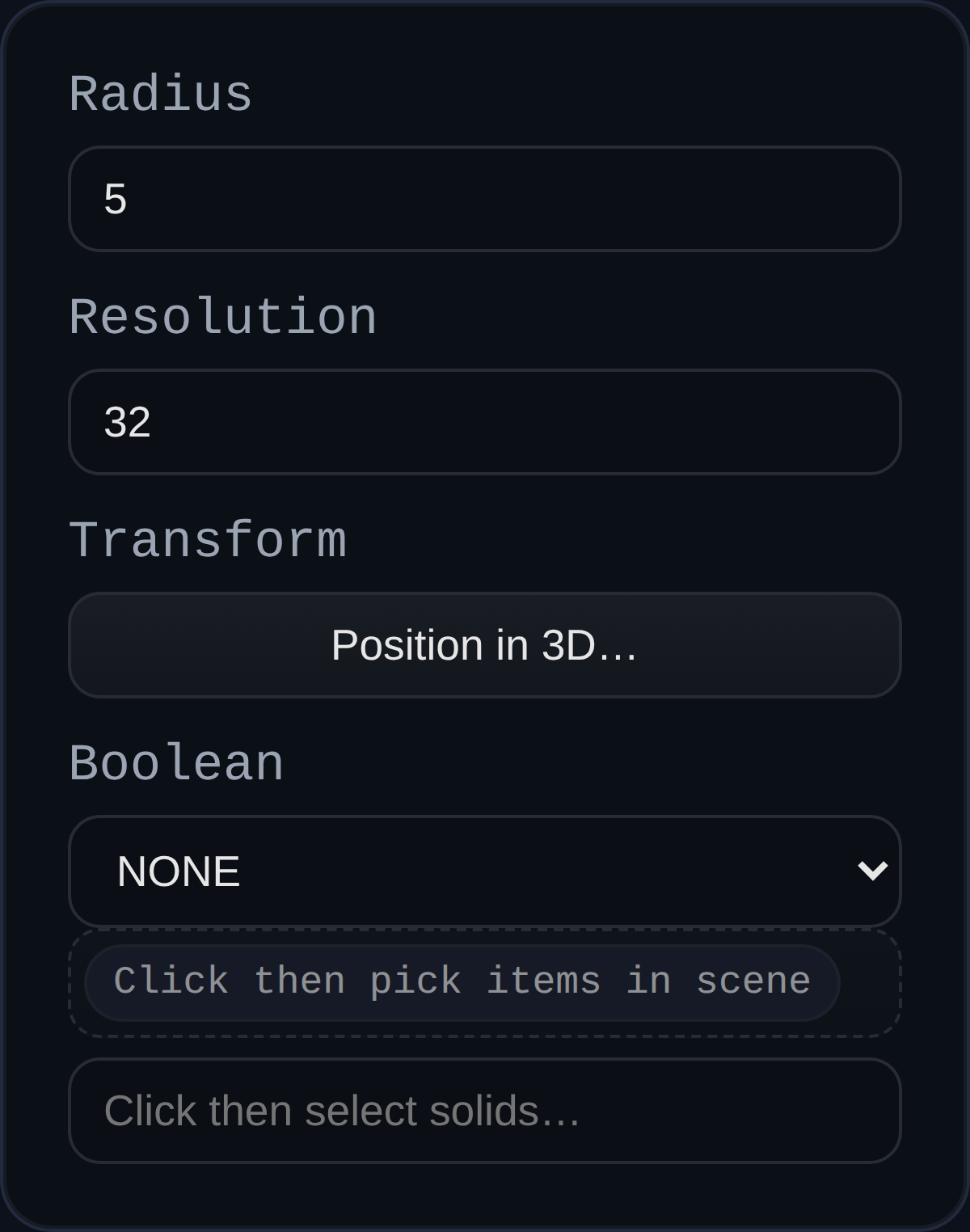 Primitive Sphere feature dialog
