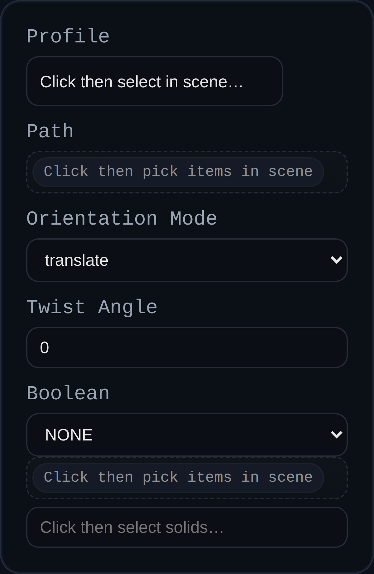 Sweep feature dialog