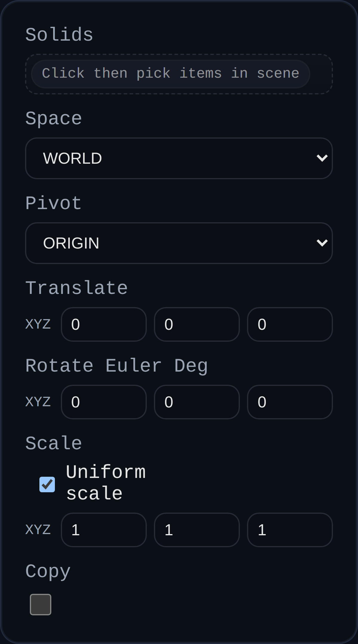 Transform feature dialog